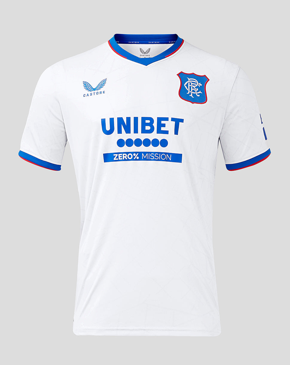 Rangers away shirt in white with blue and red trim, crest left chest and Unibet sponsor across front