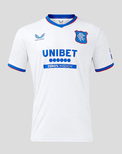Rangers away shirt in white with blue and red trim, crest left chest and Unibet sponsor across front
