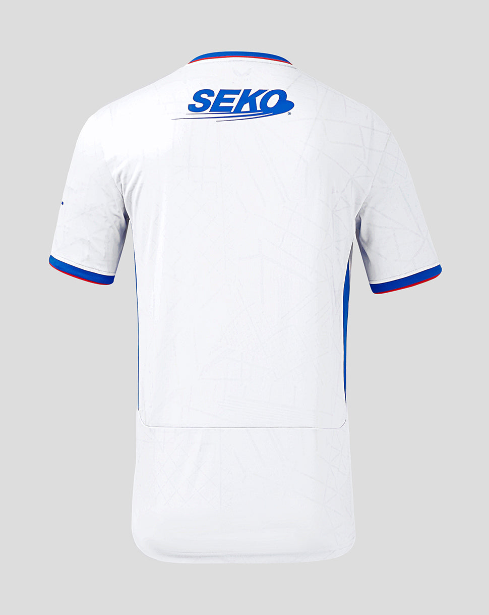 Back view of white Rangers away shirt with blue SEKO logo across the upper back