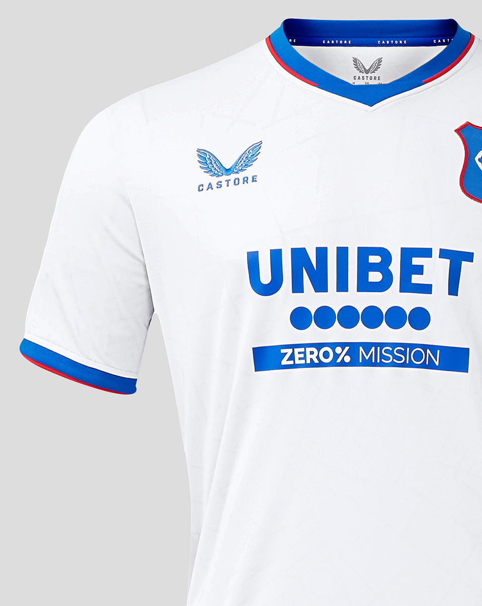 Chest shot of Rangers away shirt showing large UNIBET logo, Zero% Mission banner and crest on the left chest.