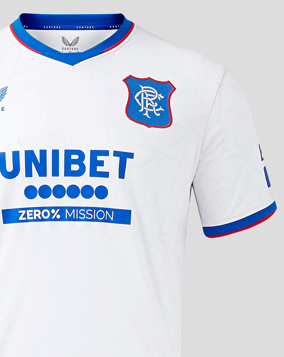 Front view of Rangers away shirt featuring crest left chest, UNIBET sponsor, blue collar trim and Castore branding.