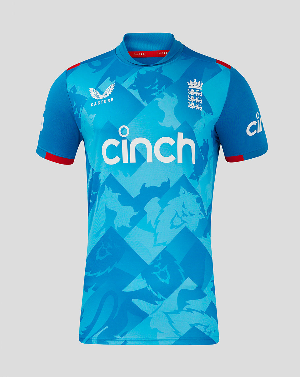 Front view of blue England ODI shirt with geometric pattern, England crest on the chest and cinch sponsor across the front.