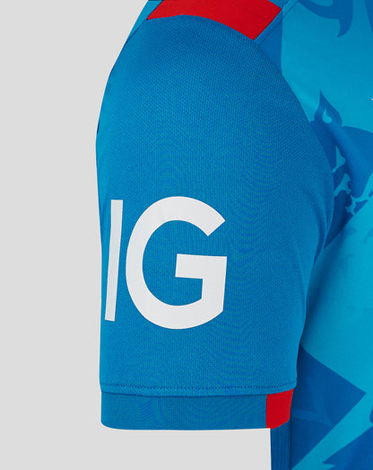 Close-up of blue England ODI shirt sleeve with white branding on the cuff