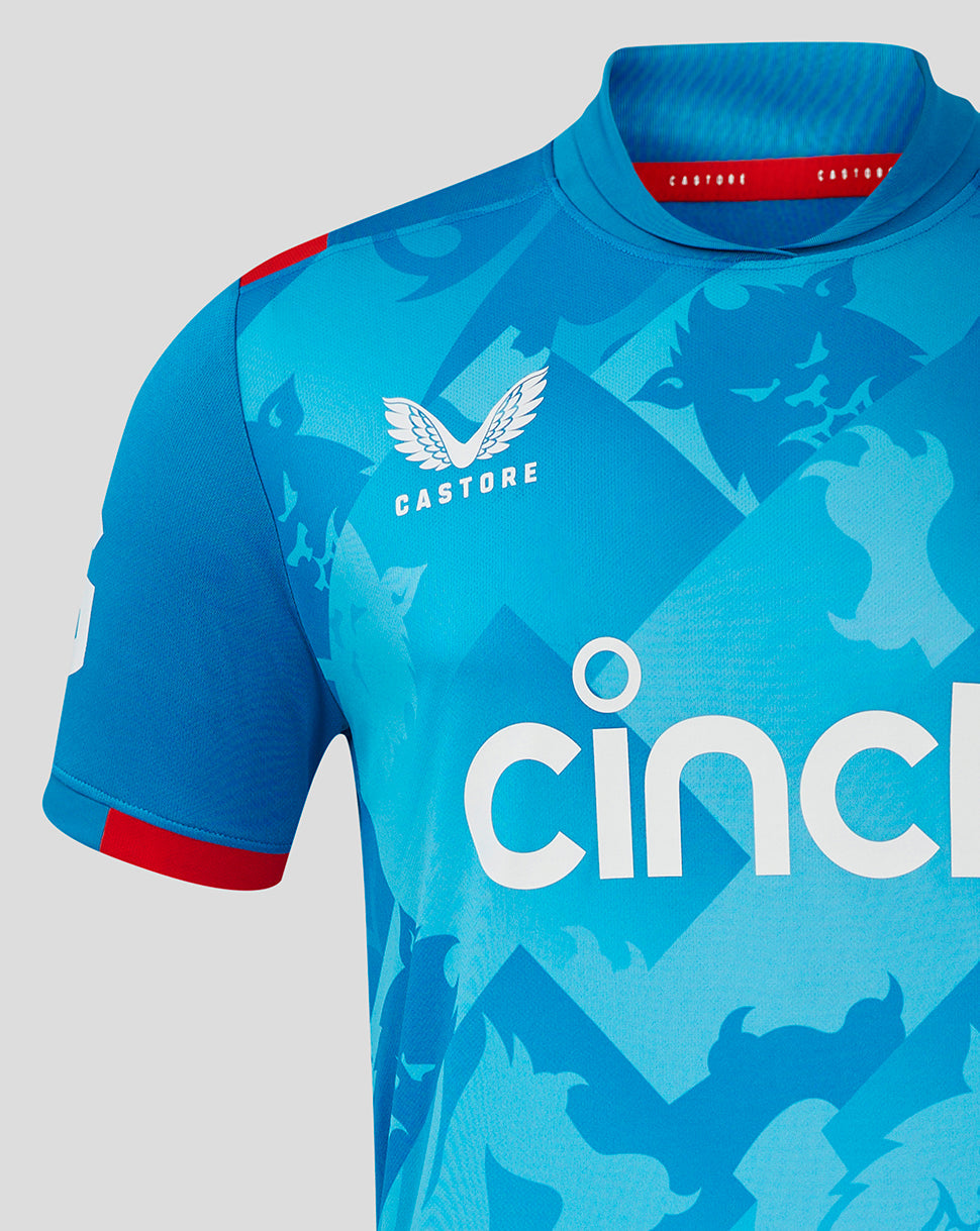 Front view of the blue England ODI shirt with large cinch logo across the chest and Castore branding