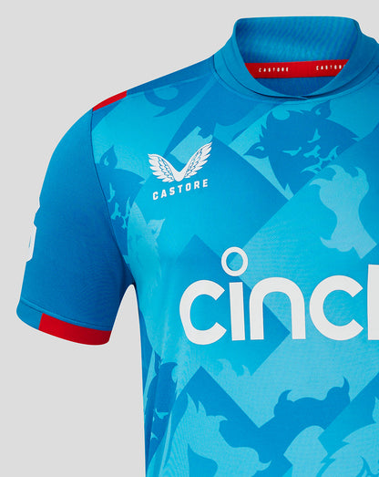 Front view of the blue England ODI shirt with large cinch logo across the chest and Castore branding