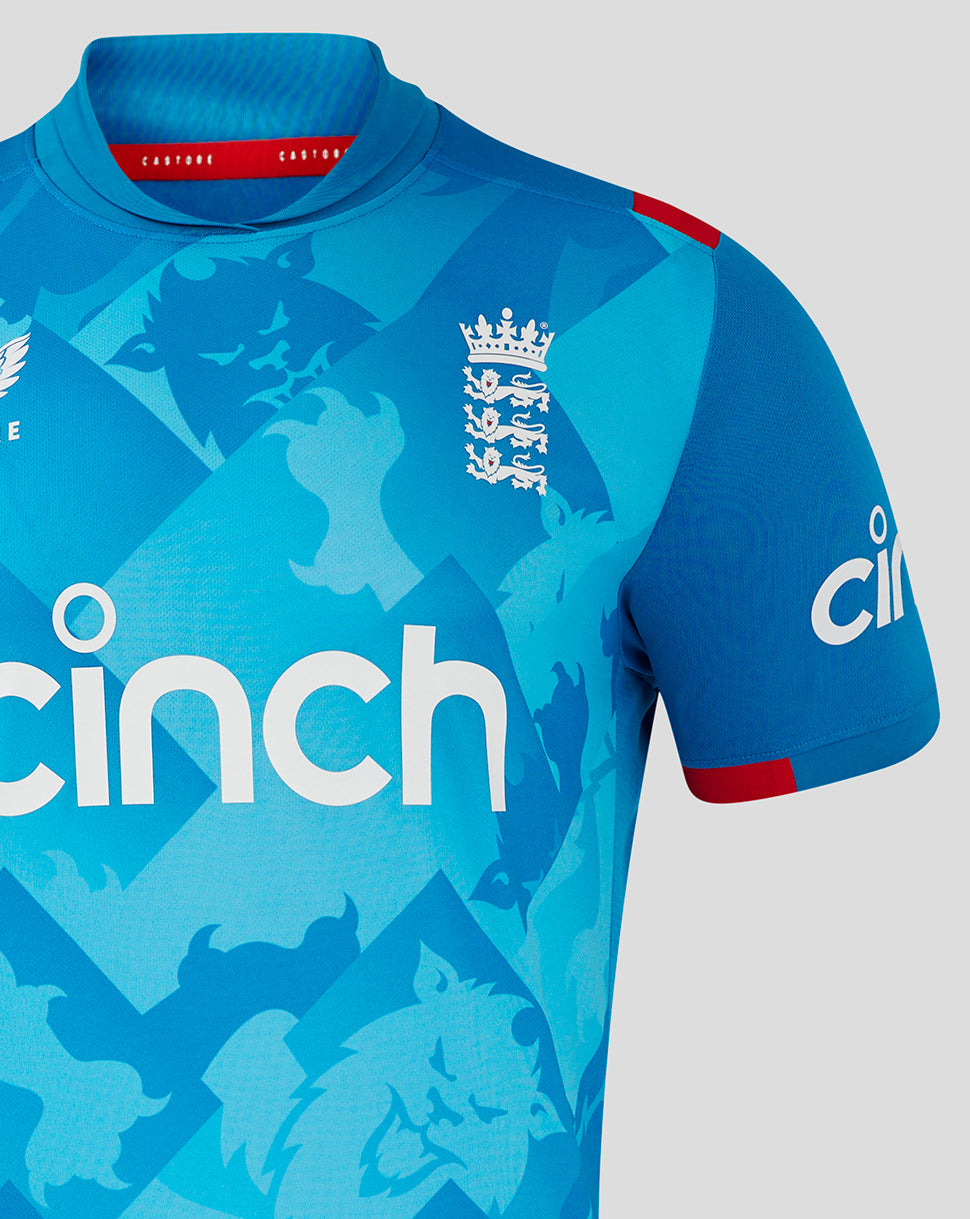 Blue England ODI shirt close up showing printed shoulder panels and England crest on the chest.