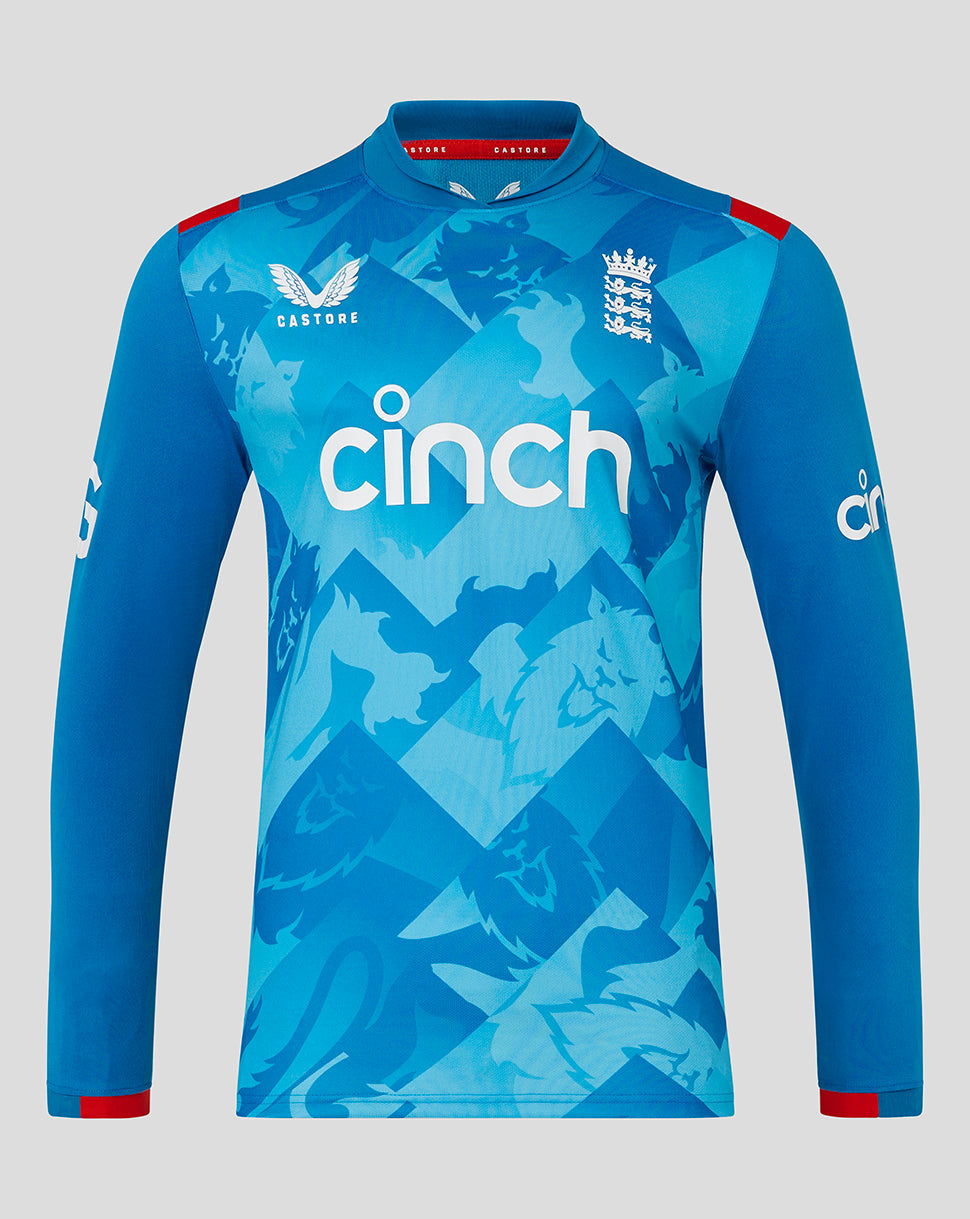 Front view of England Cricket ODI long sleeve shirt in blue geometric pattern with left chest crest and CINCH across the chest
