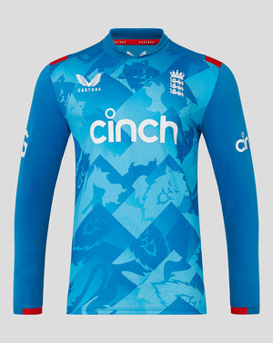 Front view of England Cricket ODI long sleeve shirt in blue geometric pattern with left chest crest and CINCH across the chest