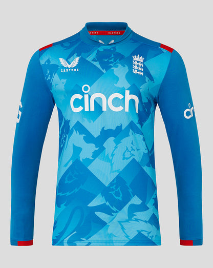 Front view of England Cricket ODI long sleeve shirt in blue geometric pattern with left chest crest and CINCH across the chest