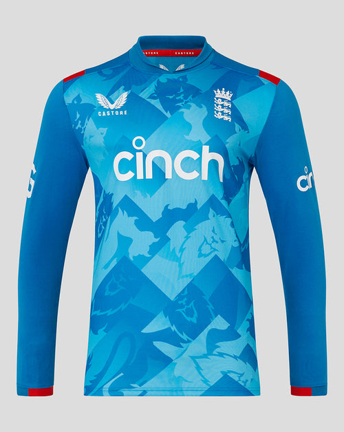 Front view of England Cricket ODI long sleeve shirt in blue geometric pattern with left chest crest and CINCH across the chest