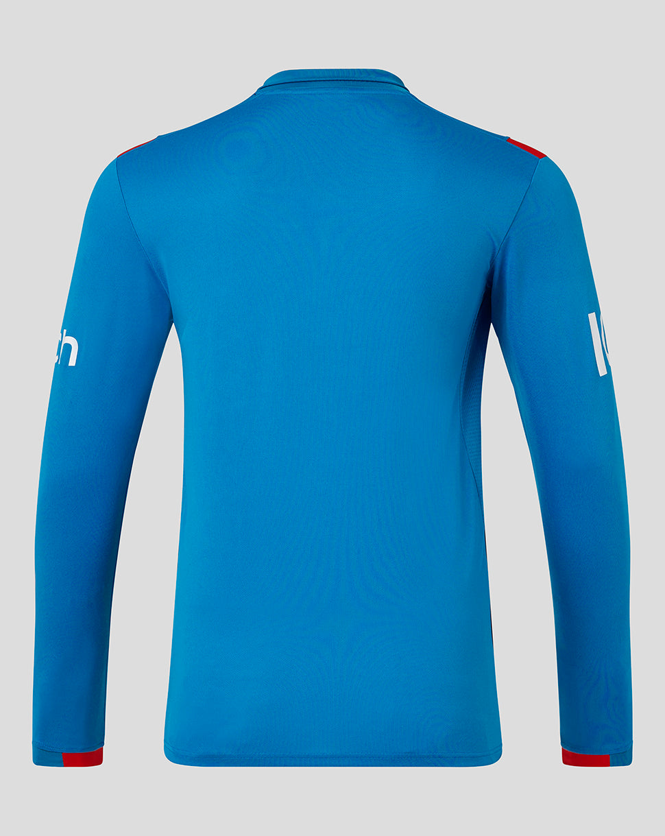 Back view of blue England cricket ODI long sleeve shirt with collar and plain back.
