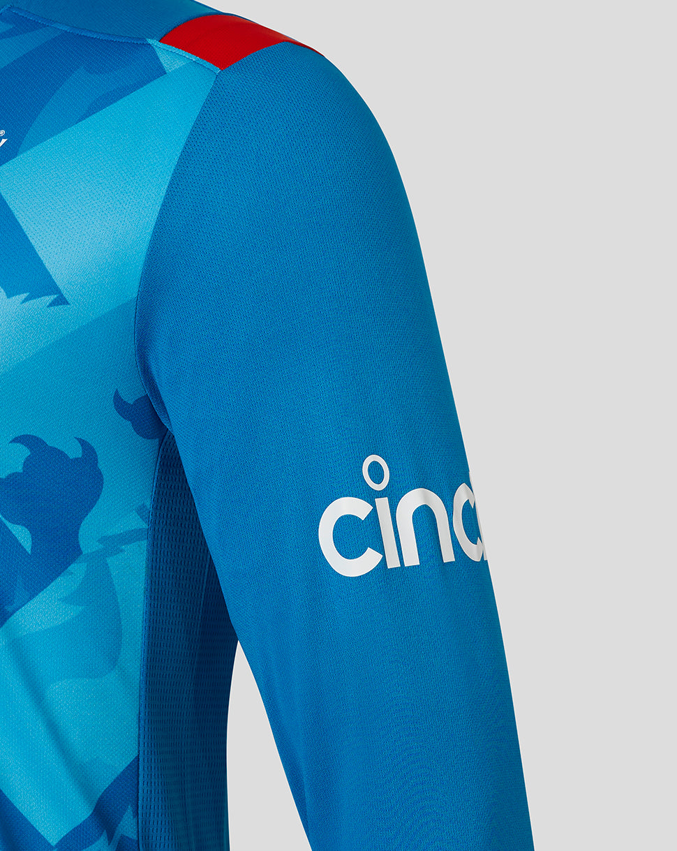 Close up of the blue England ODI shirt sleeve featuring white CINCH branding
