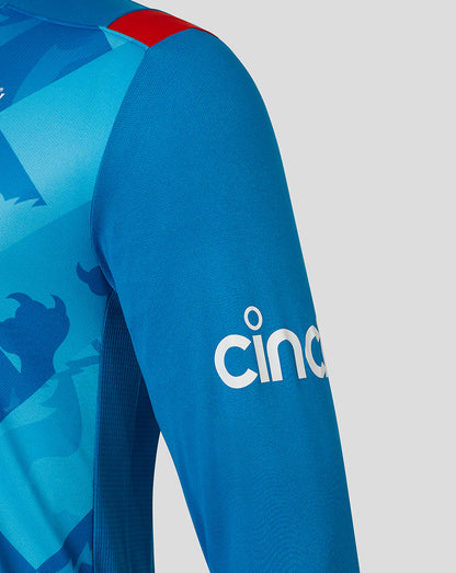Close up of the blue England ODI shirt sleeve featuring white CINCH branding