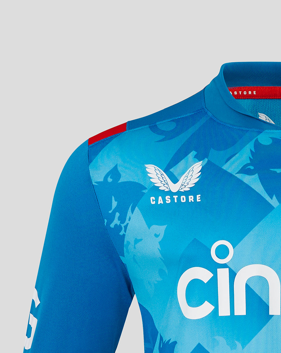 Close up of blue England cricket ODI long sleeve shirt showing left chest crest and right chest Castore branding.