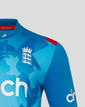 Shoulder and chest close up of the blue England ODI shirt showing the England crest on the chest and geometric panels