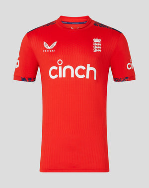 Front view of red England men's 24/25 Pro T20 shirt with crest on left chest cinch sponsor and patterned shoulder panels