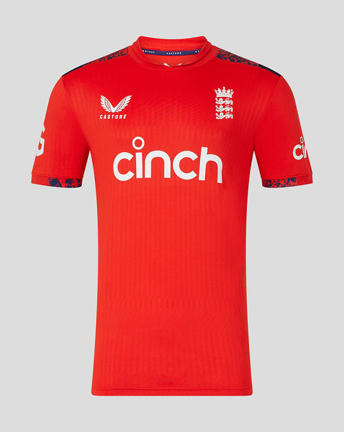 Front view of red England men's 24/25 Pro T20 shirt with crest on left chest cinch sponsor and patterned shoulder panels