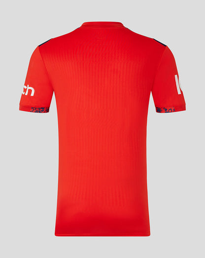 Back view of red England Cricket Pro Short Sleeve T20 shirt with shoulder panels and mesh underarm detailing.