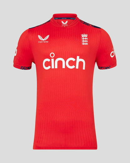 Front view of fiery red England cricket men's 24/25 T20 short sleeve shirt with crest on left chest and cinch logo