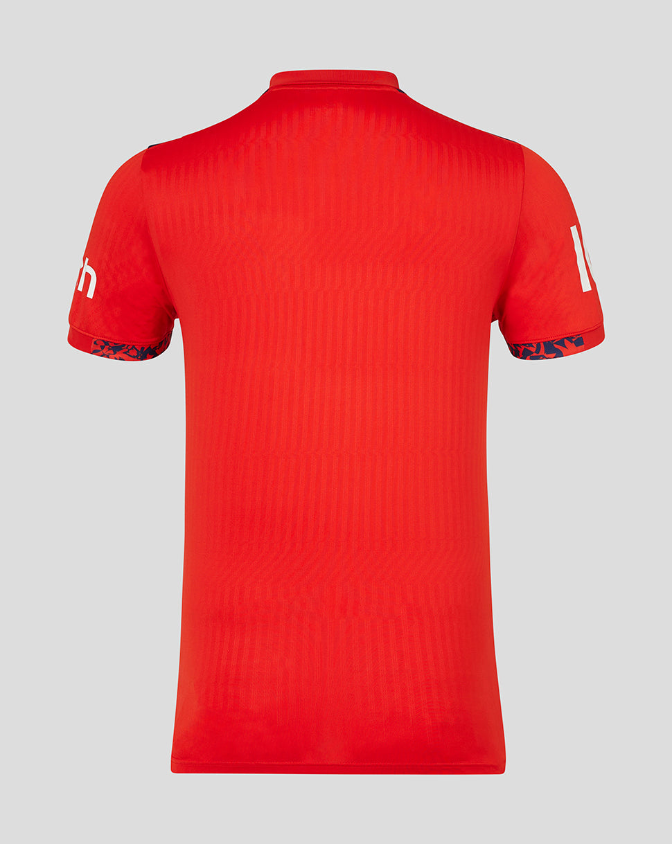 Back view of fiery red England Cricket 24/25 T20 short sleeve shirt with subtle vertical texture