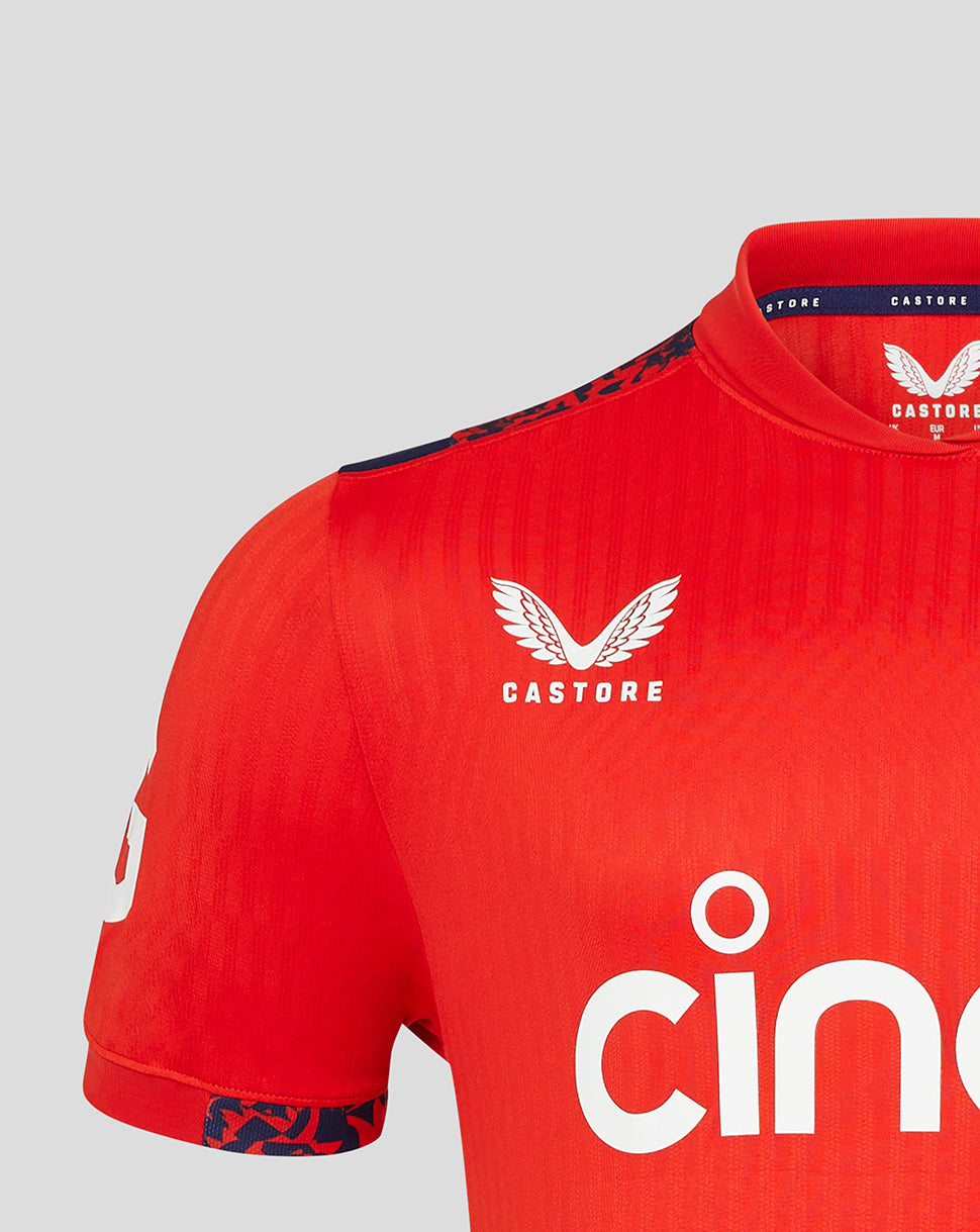 Front chest view of red England shirt showing Castore branding and England crest