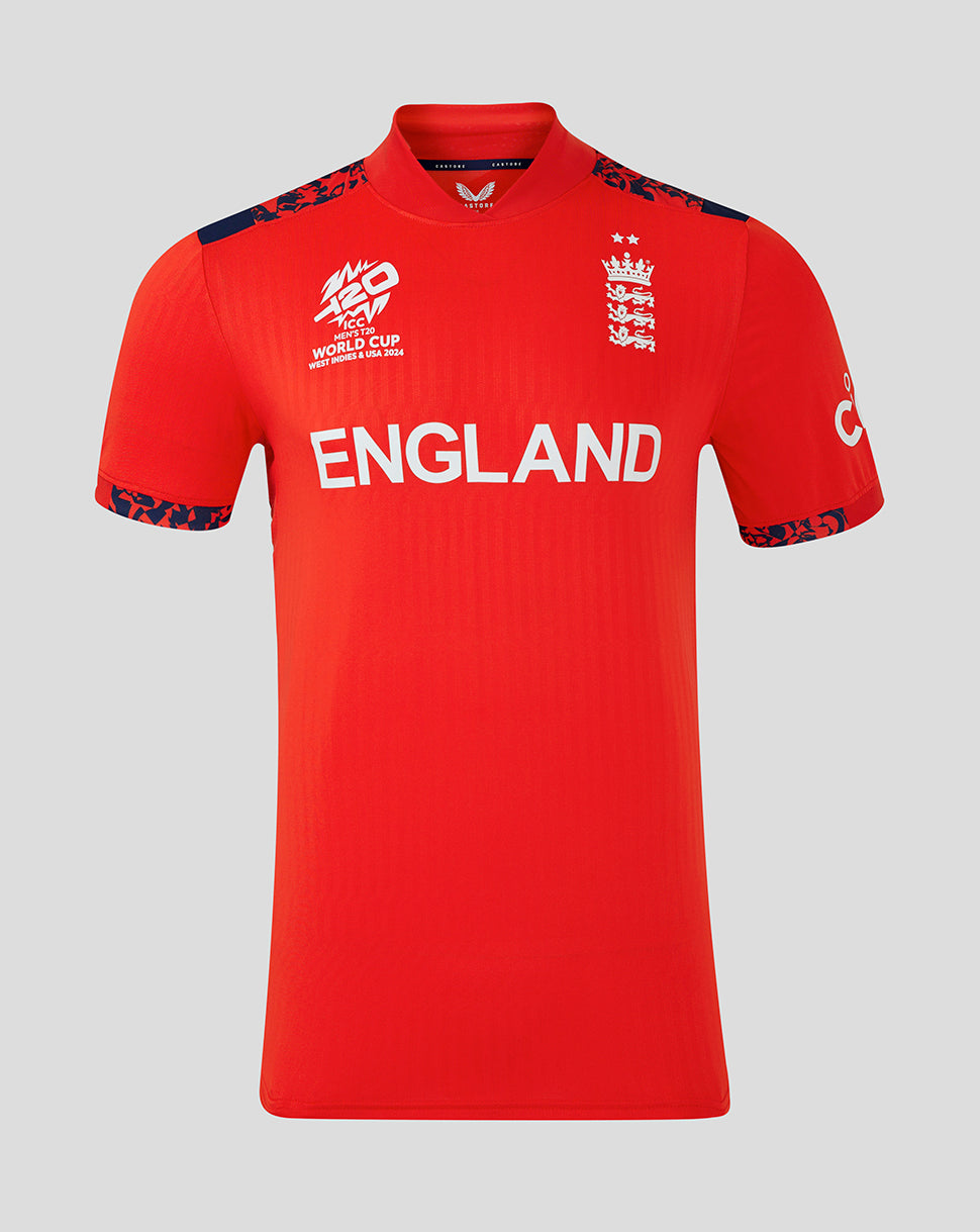 Replica England World Cup T20 shirt in red with England crest on left chest and ENGLAND across front