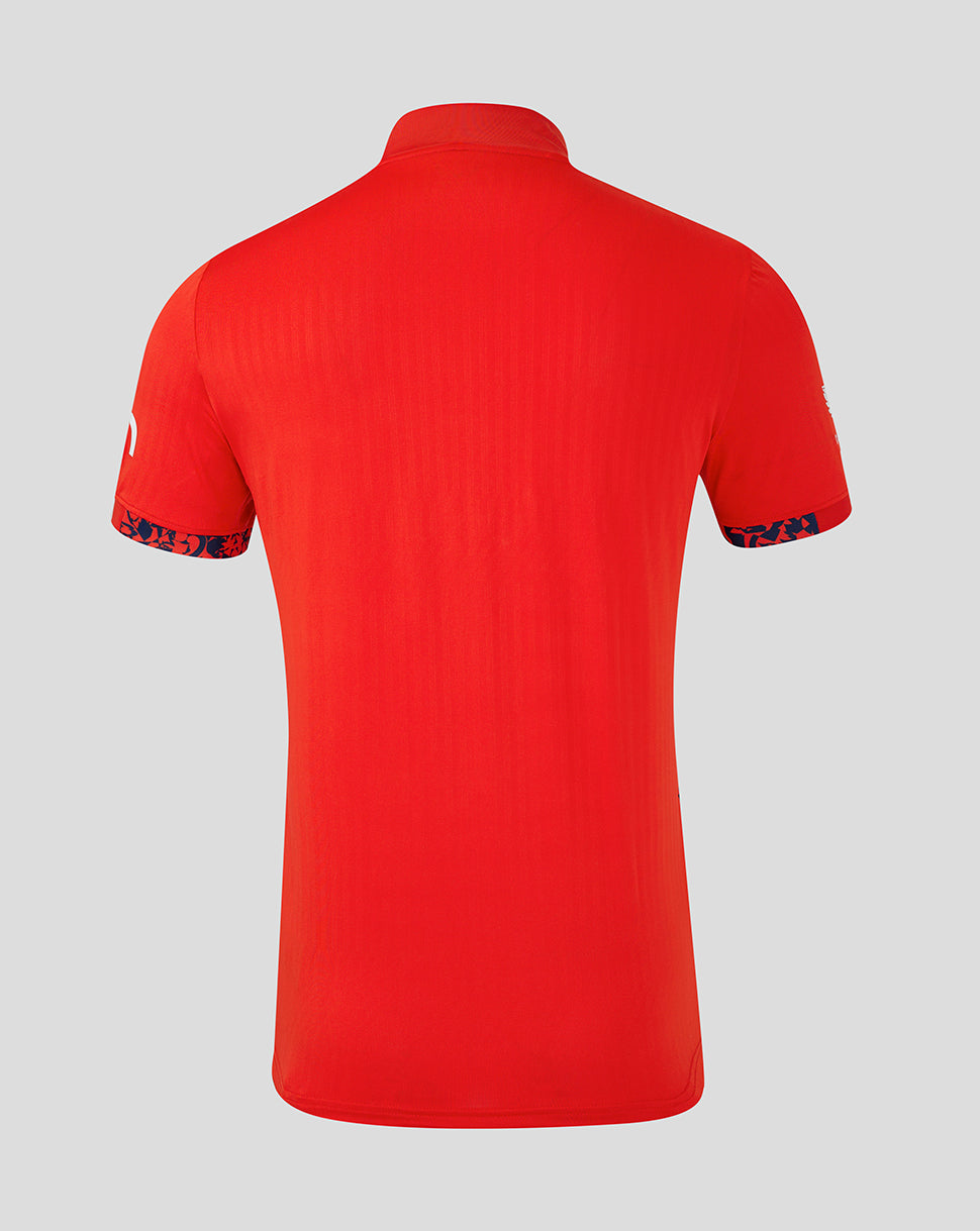 Back view of bright red England men's 24/25 T20 World Cup replica shirt with short sleeves