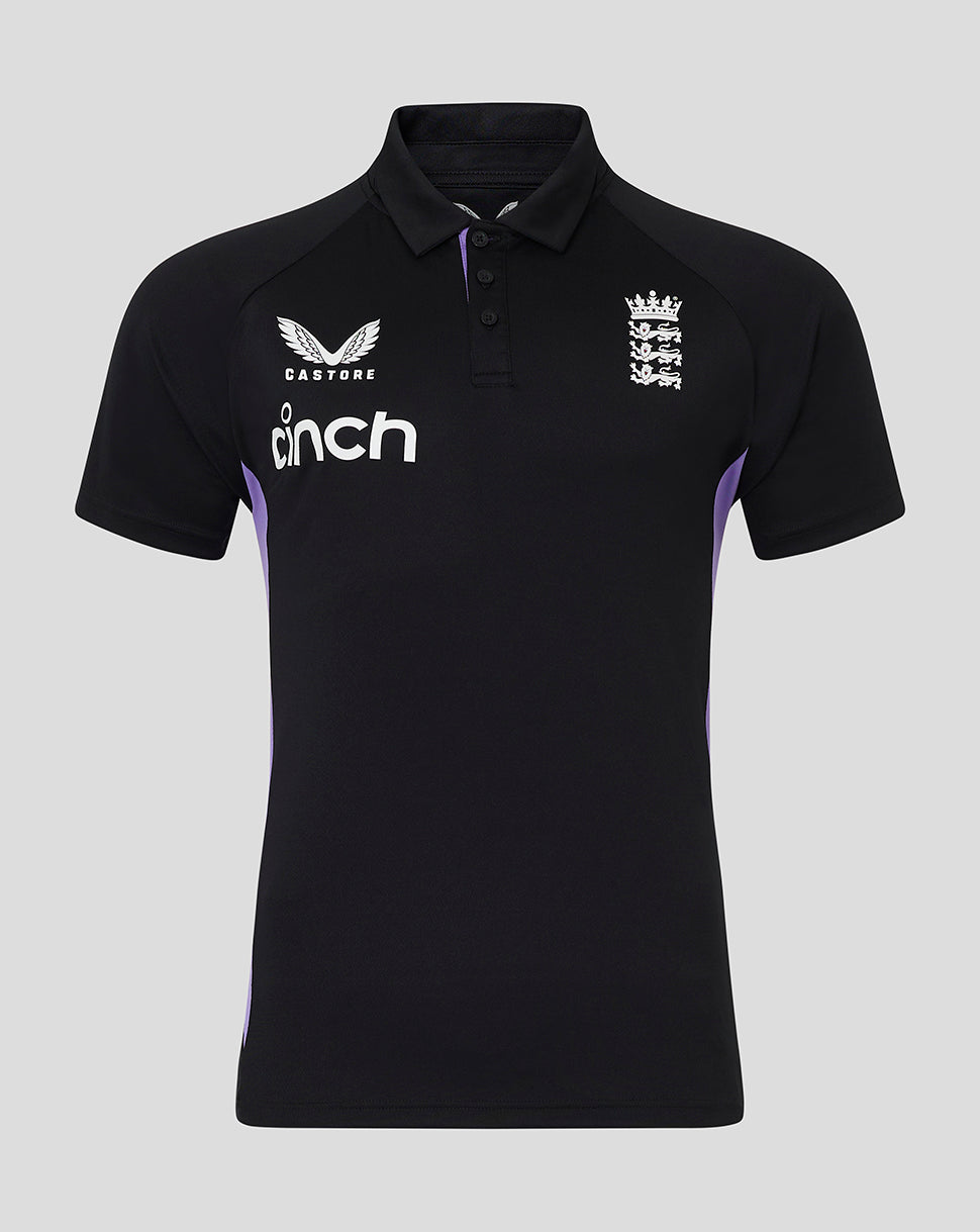 Black England cricket men's 24/25 presentation polo with concealed placket and purple side panels.