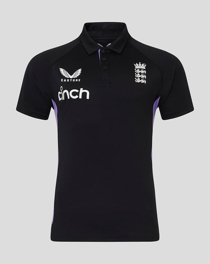 Black England cricket men's 24/25 presentation polo with concealed placket and purple side panels.