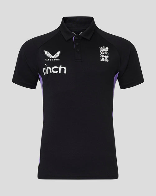 Black England cricket men's 24/25 presentation polo with concealed placket and purple side panels.