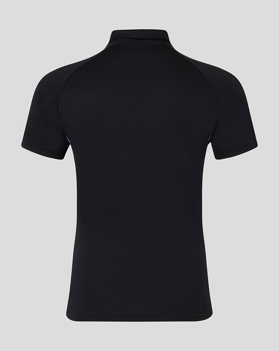 Back view of black England cricket 24/25 presentation polo with raglan short sleeves