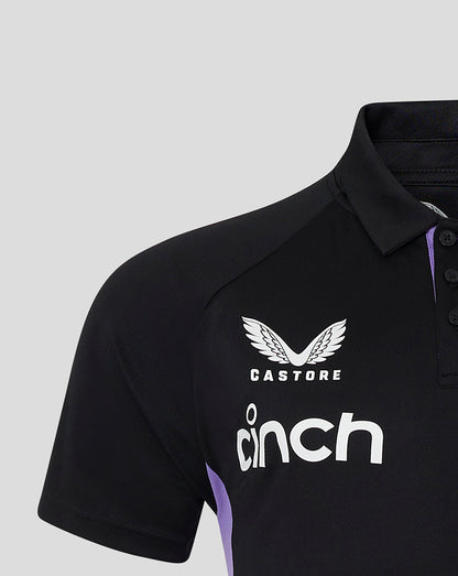 Front view of black England polo featuring Castore logo and cinch sponsor on the chest with purple side panel