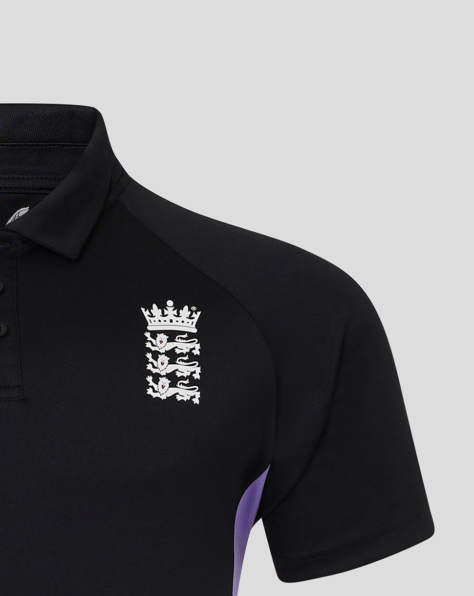 Black England cricket polo with white ECB crest on the left chest and a purple side panel