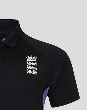 Black England cricket polo with white ECB crest on the left chest and a purple side panel