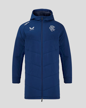 Blue Rangers 24/25 men's bench jacket front view with hood and crest logo