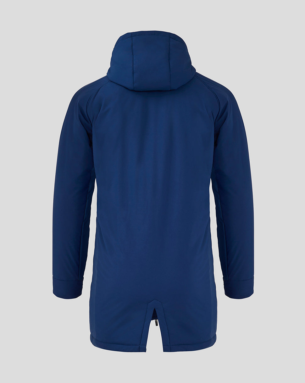 Back view of blue Rangers 24/25 men's bench jacket with hood