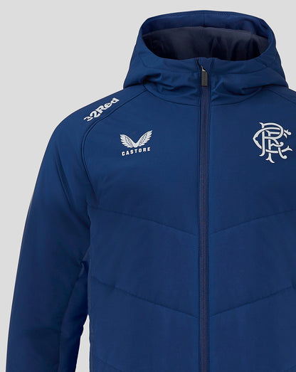 Navy blue Rangers 24/25 men's pro players bench jacket with zip front and hood, club crest on the chest.