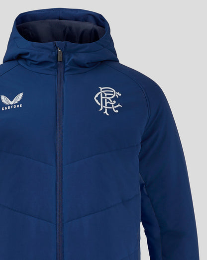 Blue Rangers 24/25 Women's Pro Players Bench Jacket front view with zip and hood and club crest on chest