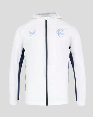 Front view of white Rangers 24/25 Men's Pro Players Training Rain Jacket with blue Castore logo left chest and Rangers crest right chest