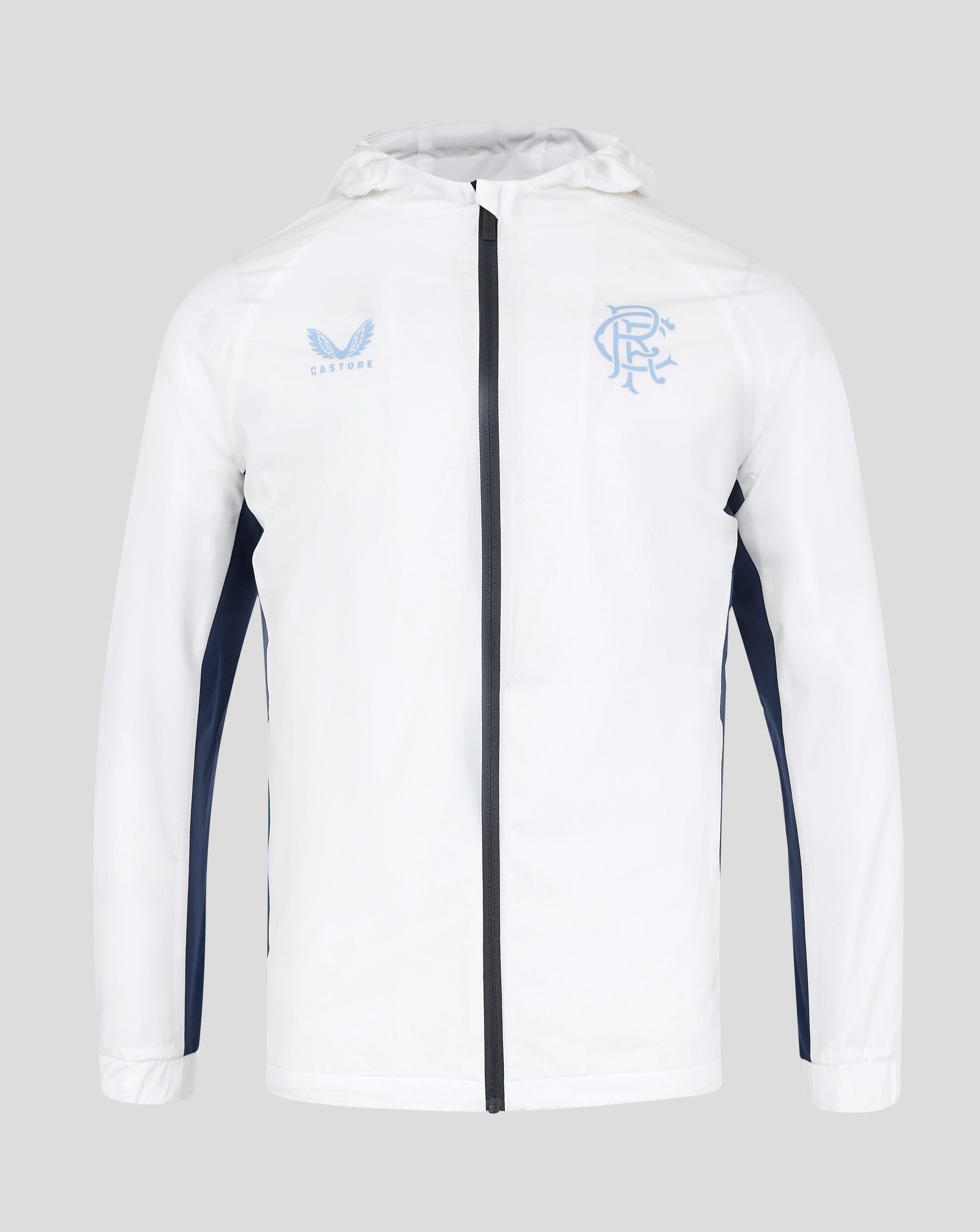 White training rain jacket with blue Rangers crest on chest and Castore branding, front zipper