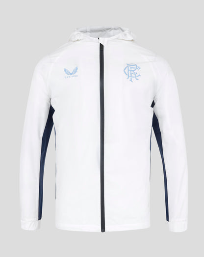 White training rain jacket with blue Rangers crest on chest and Castore branding, front zipper