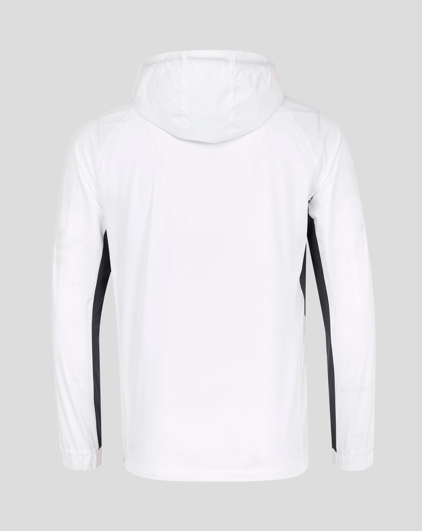 Back view of white Rangers 24/25 Men's Pro Players Training Rain Jacket showing a hood and clean rear with navy side panels