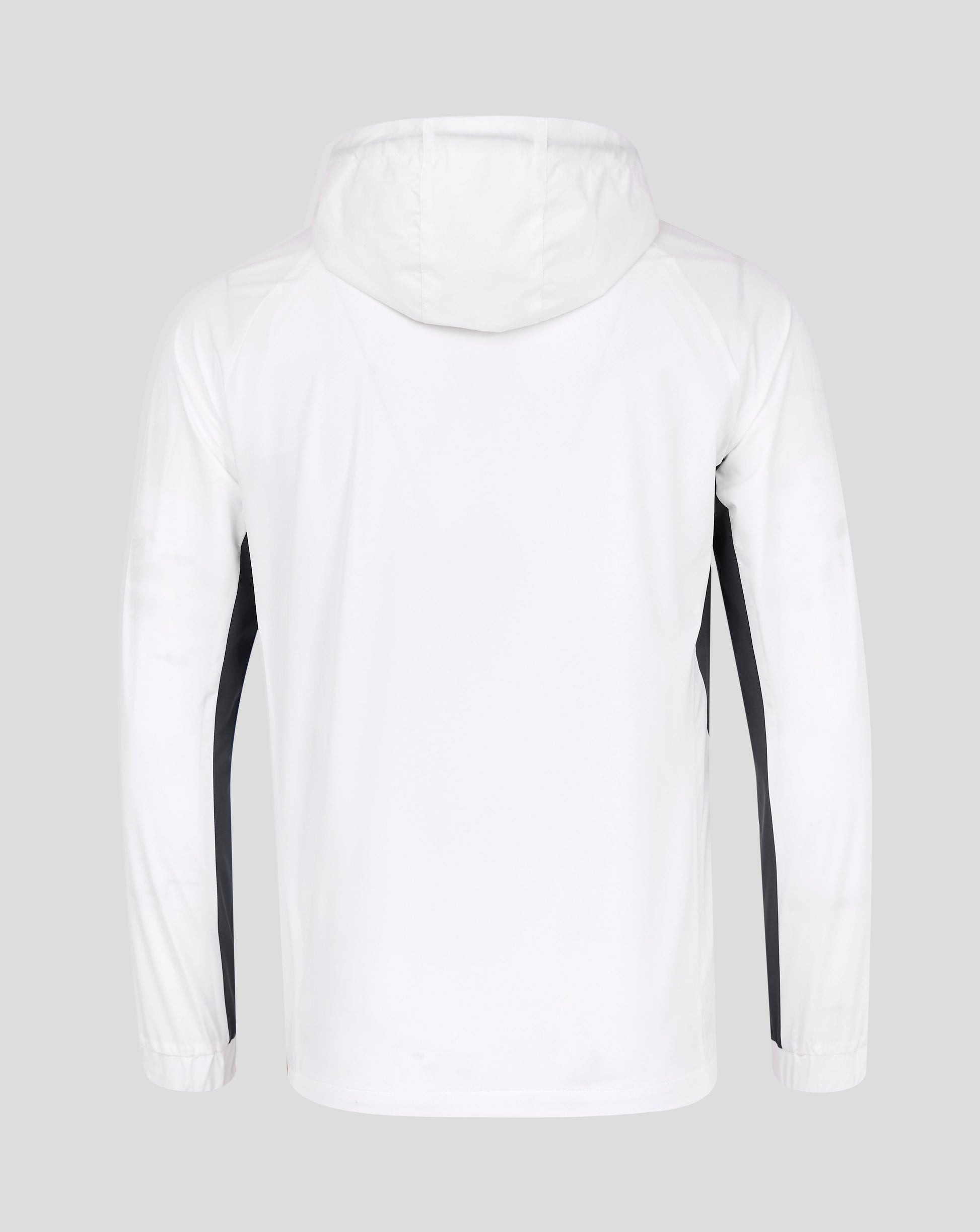 Back view of white Rangers 24/25 Men's Pro Players Training Rain Jacket showing a hood and clean rear with navy side panels