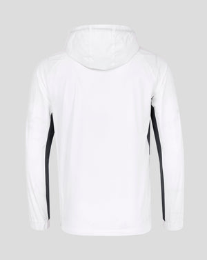 Back view of white Rangers 24/25 Men's Pro Players Training Rain Jacket showing a hood and clean rear with navy side panels