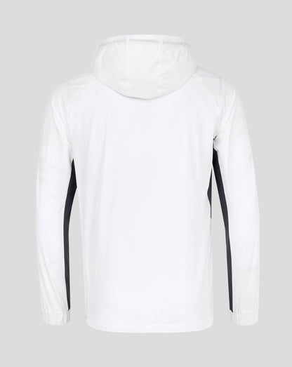 Back view of white Rangers 24/25 women's pro training rain jacket with hood and black side panels