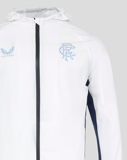 White Rangers 24/25 men's pro training rain jacket with a central dark zipper and light blue Castore logos on the chest.