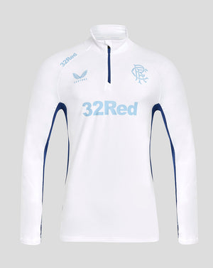 Rangers 24/25 white men's pro training top with light blue 32Red logo and blue side panels
