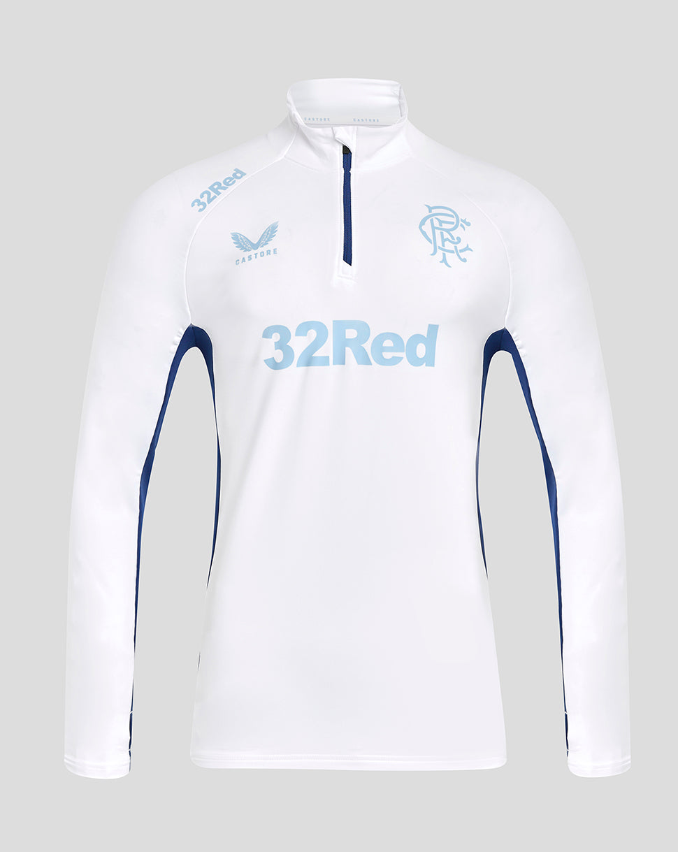 Front view of white Rangers elite training top with blue side panels and 32Red logo