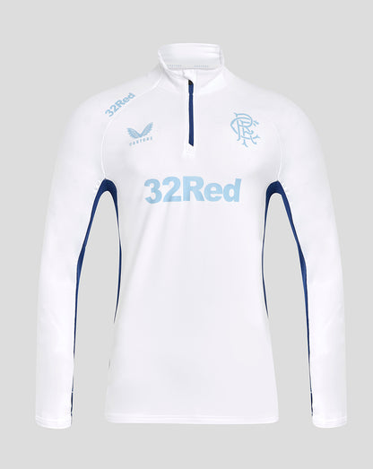 Front view of white Rangers elite training top with blue side panels and 32Red logo