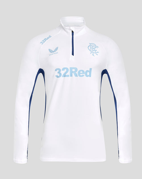 Front view of white Rangers elite training top with blue side panels and 32Red logo